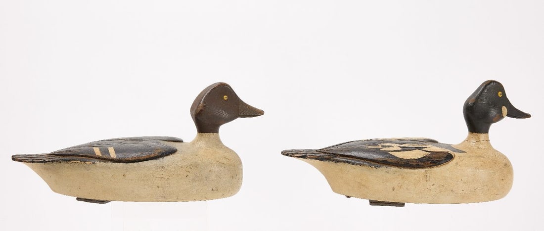 Pair of Golden Eye Decoys Clement Cinq-Mars: Clement Cinq-Mars (1918-1983) oversized Golden eye pair. Provenance: Russ Goldberger. H 7-3/4 in. L 16-1/2 in. W 6-1/4 in.