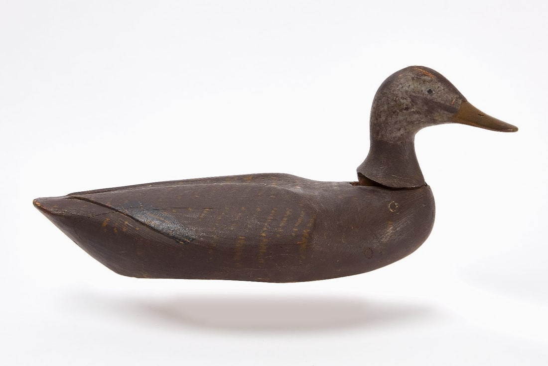 Gus Wilson - Rocking Head Black Duck Decoy: Gus Wilson (1864-1950) - Rocking head black duck decoy. Maine, circa 1930. Collection of Russ and Karen Goldberger. L 18 in.
