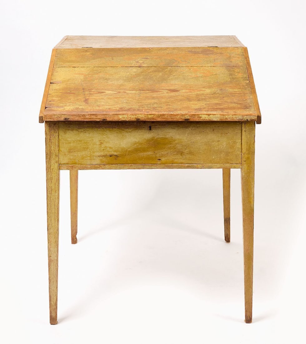 Southern School Masters Desk: Schoolmasters desk. Origtinal yellow paint. Hard pine. Virginia, circa 1820. H 38-3/8 in. W 30-1/4 in. D 35-1/2 in.
