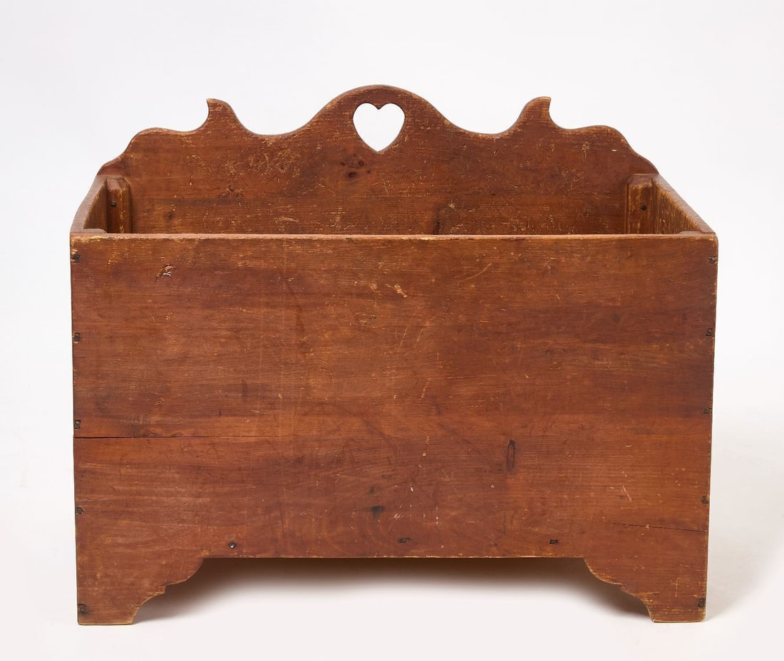 Rare Queen Anne Wood Box: Rare Queen Anne wood box. Carved Queen Anne crest with heart, forged rosehead nails. Original nut brown patina, never painted. A rare survivor. 18th century. H 28 in. W 36-1/8 in. D 18-1/2 in. 