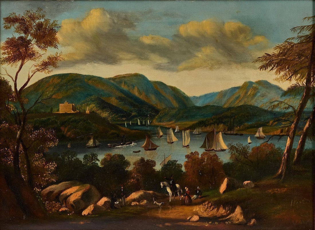 Victor DeGrailly - View of West Point New York: Victor DeGrailly (25 October 1804 – 4 September 1887), Attributed. View of West Point. Oil on canvas. Depicts the US Military academy at West Point with several sailing vessels on the water, an 