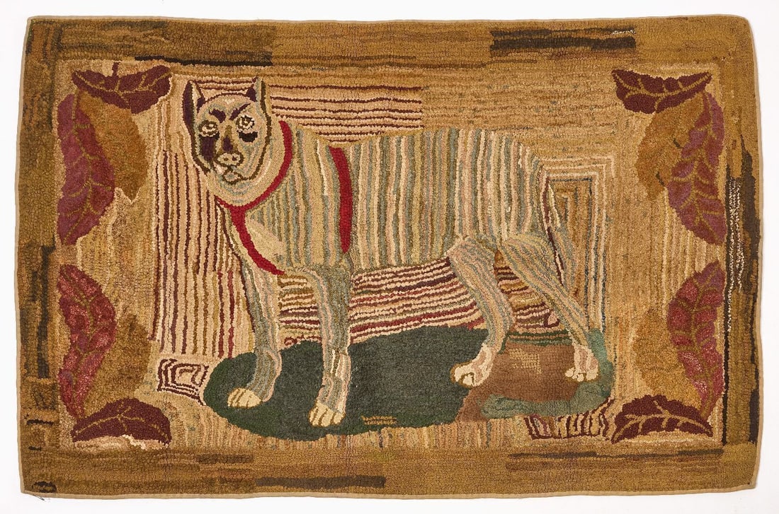 Hooked Rug with Dog: Hooked rug depicting a stylized dog. American, circa 1890. L 35 in. W 55 in.