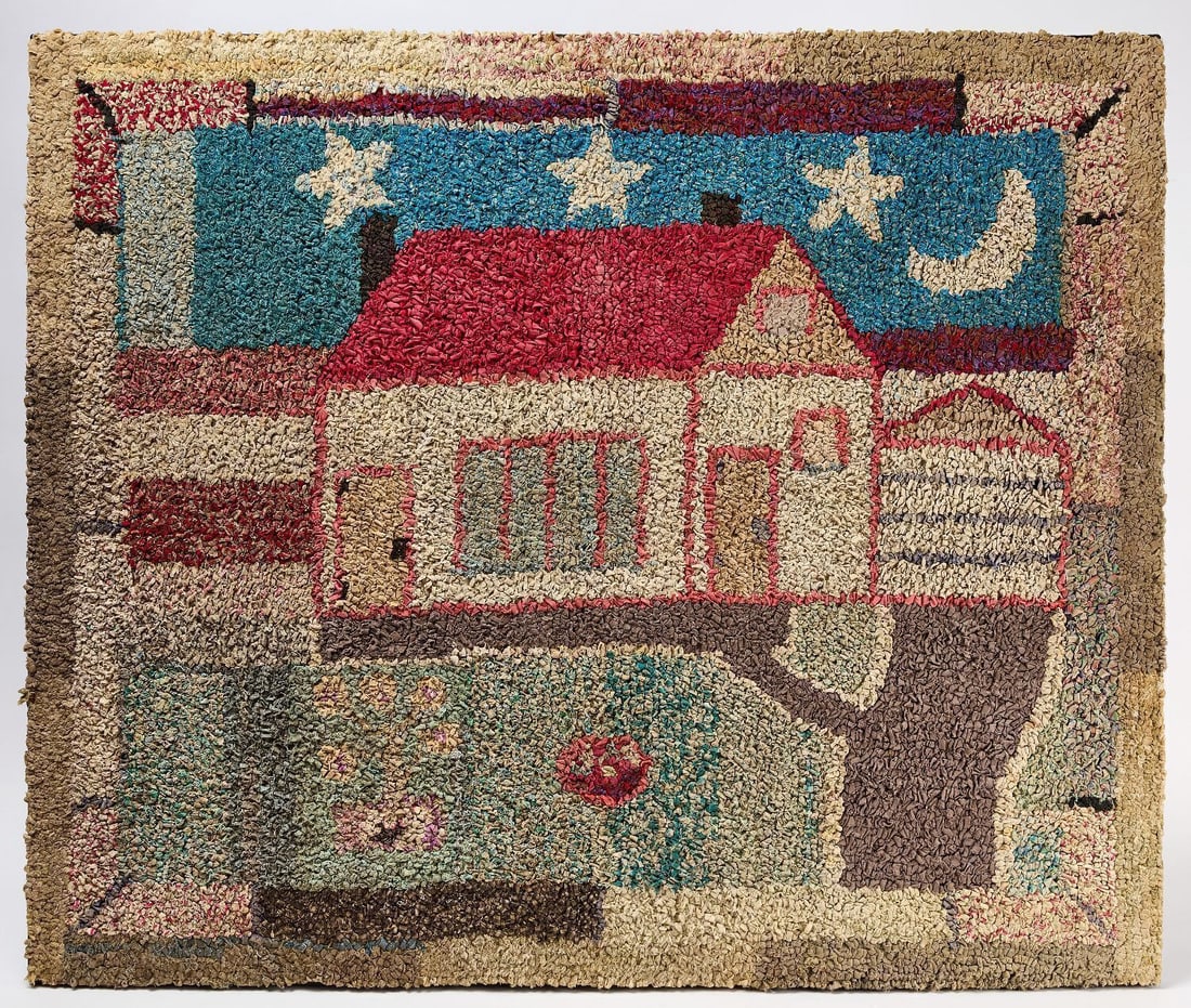 Starry Night Hooked Rug: Hooked rug with house moon and stars in the sky. Professionally mounted. American, circa 1890. H 40 in. W 48 in.