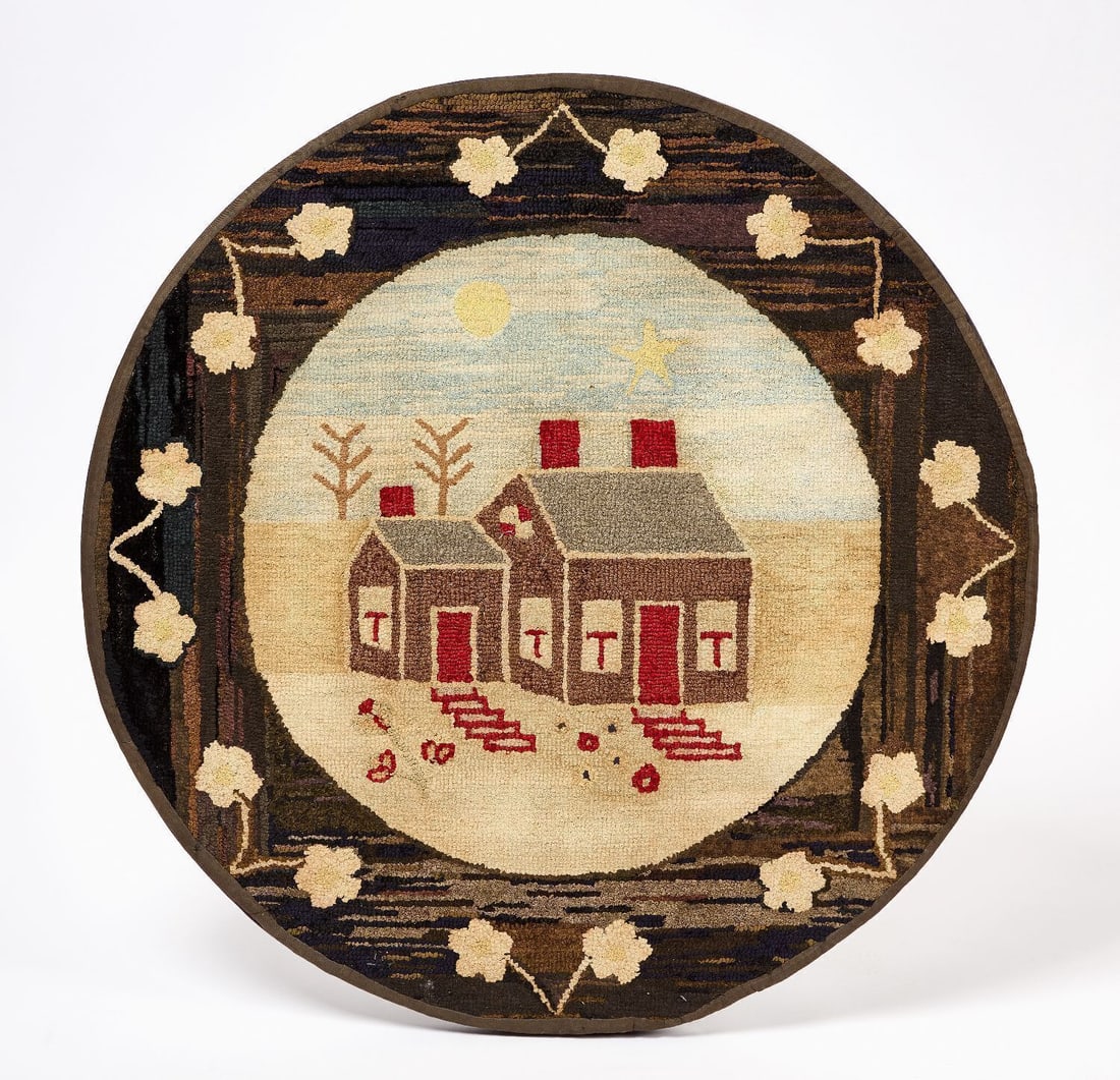 Round Hooked Rug with House: Round Hooked Rug featuring a house, sun and star, with a floral decorated border. Stretched and mounted. America, circa 1910. Provenance: Elliott and Grace Snyder. D 38 in.