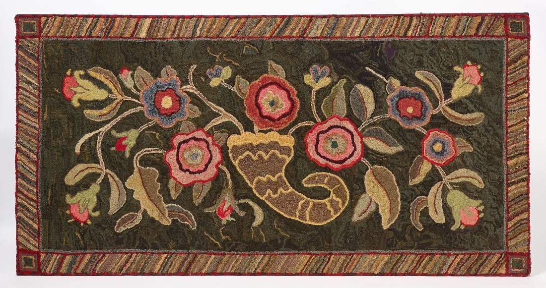 Hooked Rug with Cornucopia of Flowers (1 of 2)