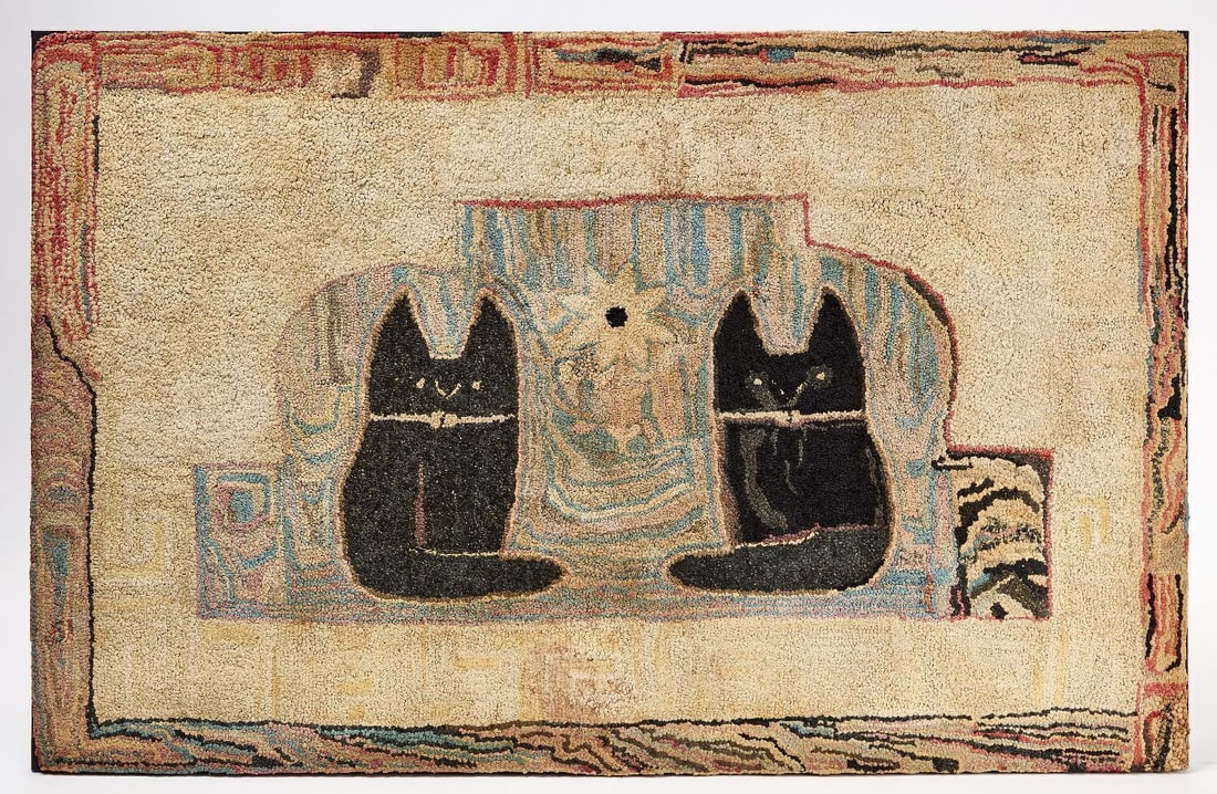 Hooked Rug with Two Cats: Hooked rug with two cats. Profesionally mounted. American, circa 1890. H 31-5/8 in W 50 in.