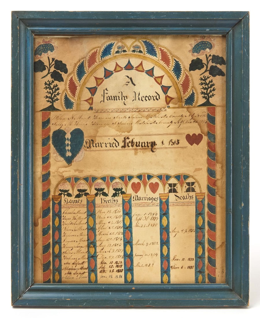 Mead Family Record: Family record for the Mead family. Watercolor and ink on paper. with applied paper-cut love token. Period painted frame. Westchester, Co. New York, circa 1820. Frame:H 16 on. W 12-7/8 in. Sight: 13-1/