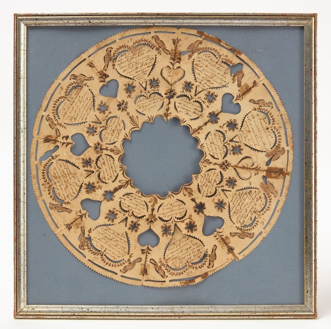 Paper Cut Love Token: A cutwork love token with hearts and birds. Ink and watercolor on paper. American, early 19th century. Frame: 12-5/8 in x 12-5/8 in. Love token: D 11 in.