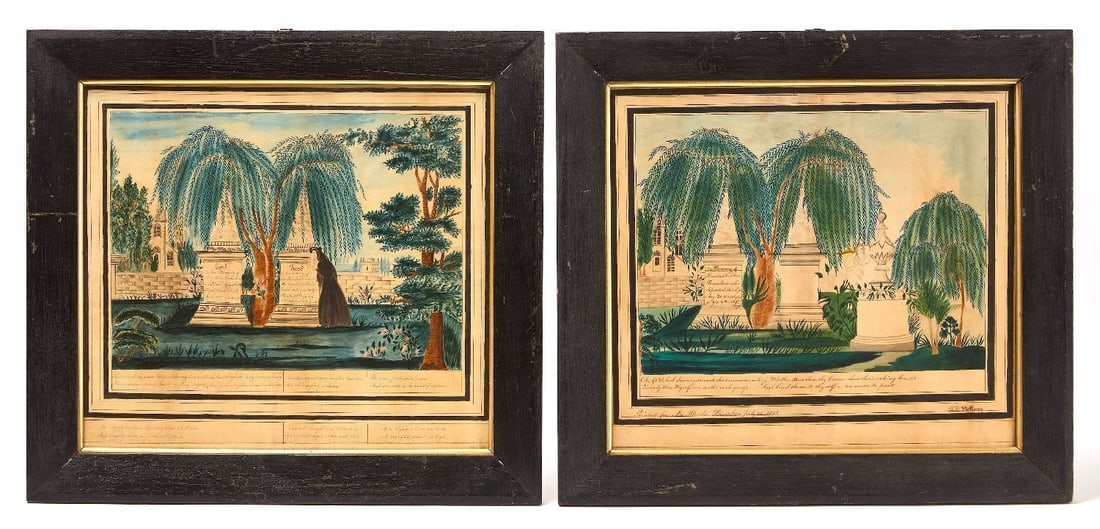 Pair of Memorial Watercolors: Pair of Fenton Family memorials. Watercolor on paper. American, circa 1840. One signed by the artist LR. Frame: H 21 in. W 23 in. Sight: H 16-3/4 in. W 18 in. 