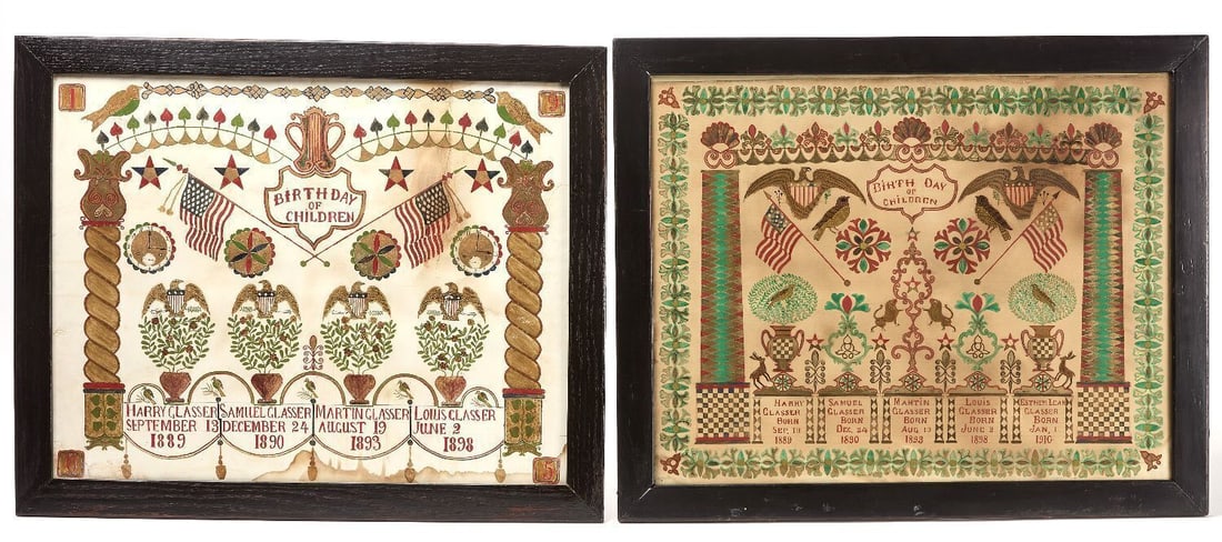 Pair of Glasser Family Birth Records: Pair of Glasser family birth records. Watercolor on paper. Period frames. Late 19th century. Frame: H 25-3/4 in. W 31-1/2 in Sight: 21 3/4 in W 25-7/8 in.