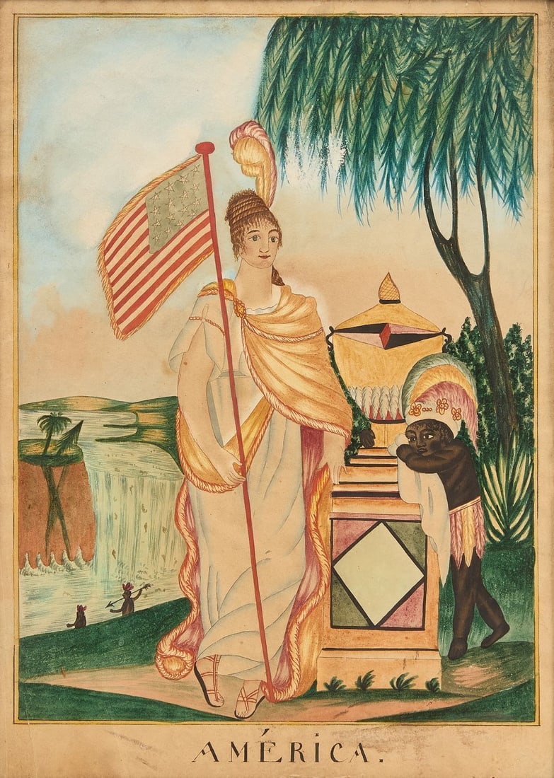 Watercolor of 'America': 'America', - 'Emblem of America'. Watercolor on paper. Period frame. American, circa 1830. Frame: H 16-1/4 in. W 12-1/2 in. Sight: H 13 in. W 9-1/4 in. 