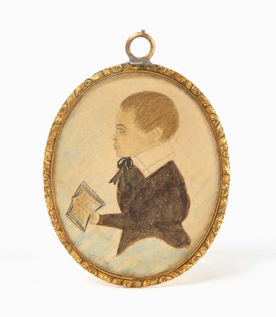 Miniature Portrait of Francis J. Ward with Lock of Hair: Miniature portrait in profile of a young Francis J. Ward (age 3 years) shown holding a book. Pencil and watercolor on paper. Lock of hair under glass on the reverse, along with inscription '1