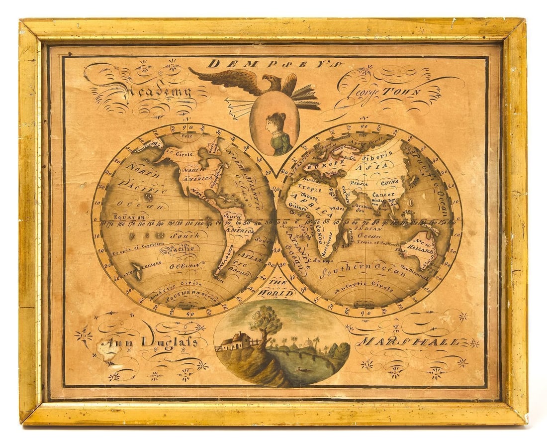 Watercolor Map of the World: Watercolor map of the world. Dempsy's Academy, Georgetown. Executed by Ann Duglass Marshall, early 19th century. Frame: H 13-3/4 in. W 17-1/8 in. Sight: H 12-1/4 in. W 15-1/2 IN.