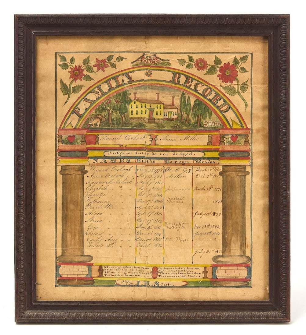 Ocobock Watercolor Family Record: Family record for the Ocobock family. Watercolor and ink on paper. Includes the names, as well as birth dates, marriage dates, and death dates (where applicable) for 13 family members. Dates range fro