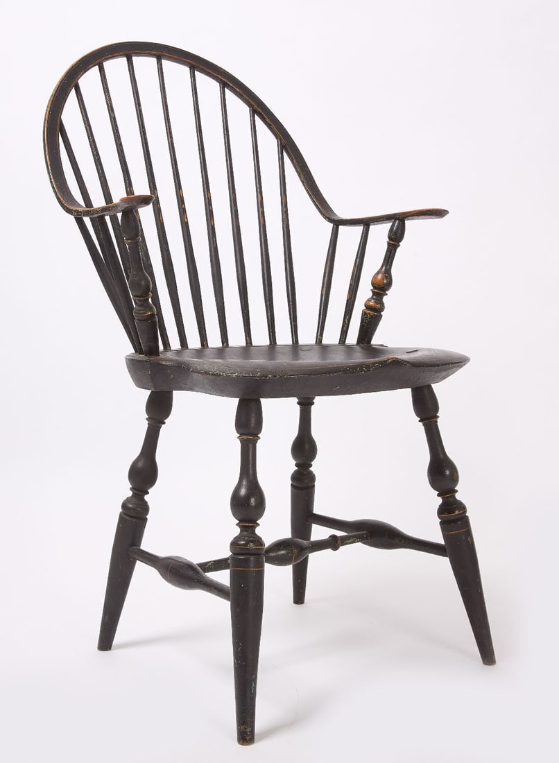 Fine Continuous Windsor Arm Chair: Fine continuous Windsor arm chair in black paint with pin striping over the original green paint. Rhode Island, circa 1770. H 37-3/4 in. W 22 in. D 18-1/2 in. SH 18-3/8 in.