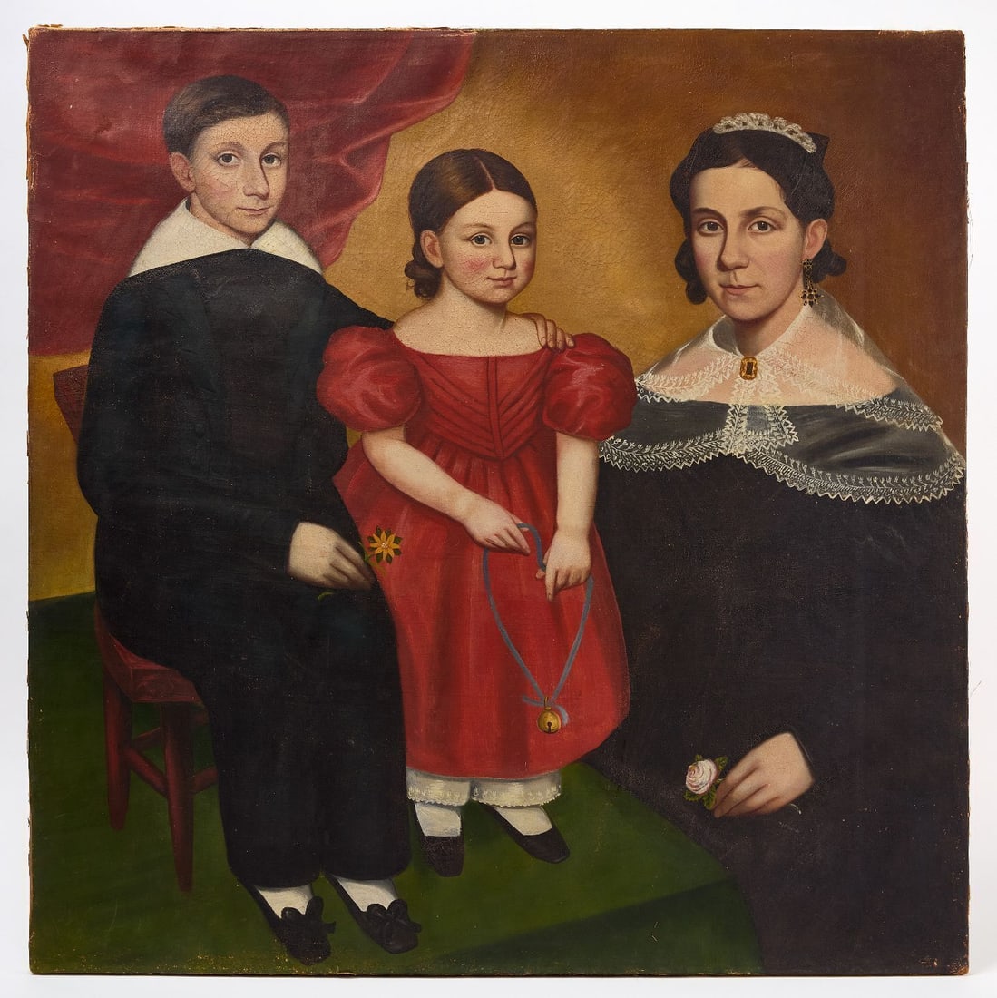 Jonas Holman - Portrait of Two Children with their Mother: Jonas Holman (1805-1873). Folk art portrait of two children with their mother. Oil on canvas. Massachusetts, circa 1840. H 42 in. W 42 in.