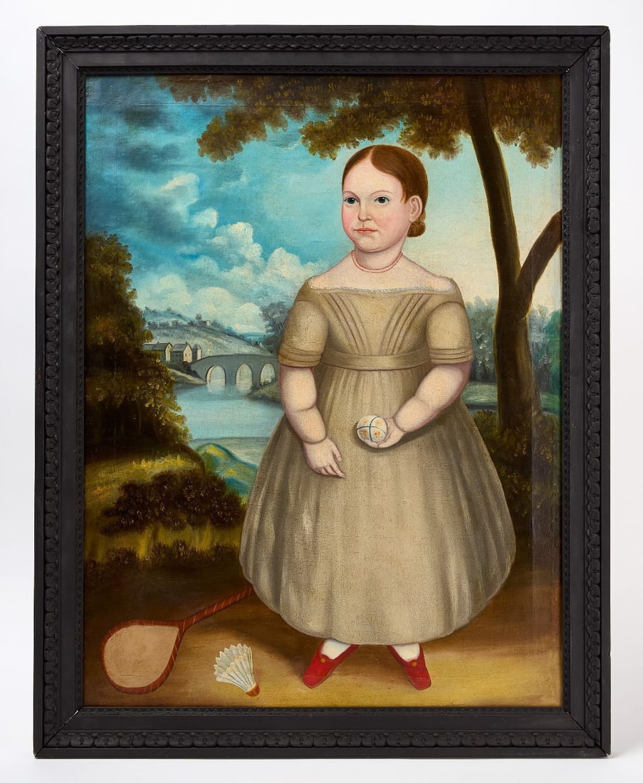 Portrait of a Girl with Ball: Portrait of a girl holding a ball, with a badminton racquet and shuttlecock at her feet. Wearing an off-the shoulder dress. Oil on canvas. American, mid 19th century. Frame: H 37-1/4 in. W 29-1/4 in. 