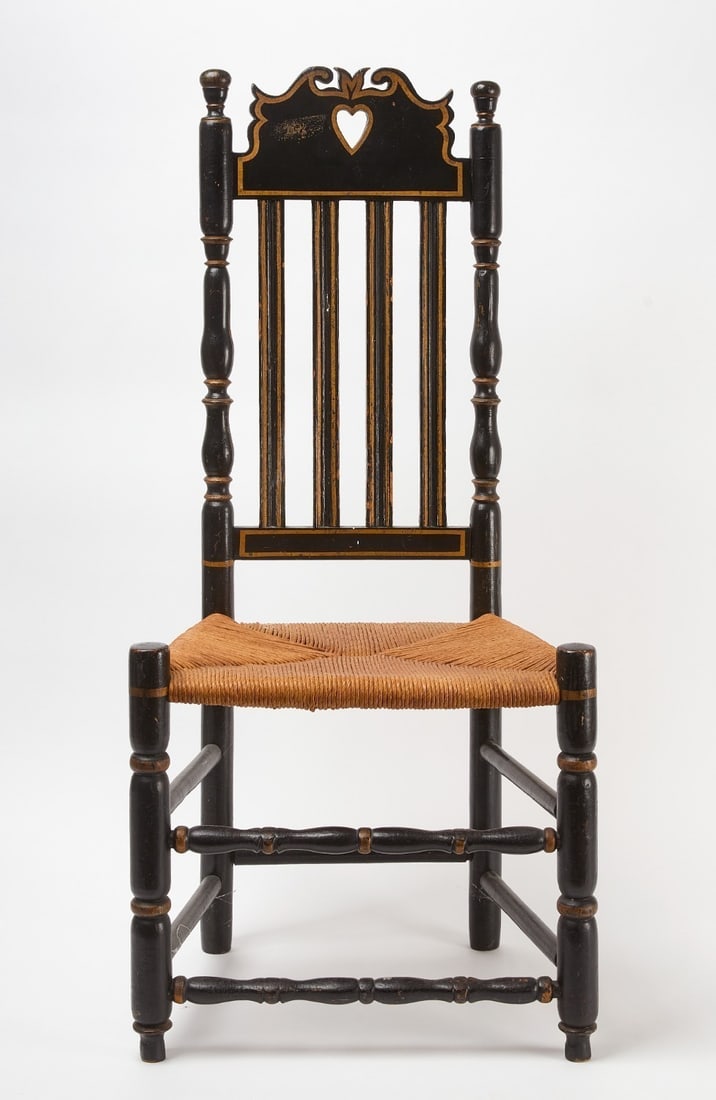 Andrew Durand Heart-and-Crown Bannister-Back Side Chair: Andrew Durand (1702-1791) attributed-Heart-and-crown bannister-back side chair. Pierced splat, vase and ring legs joined by turned stretchers, painted black with gold accents. Rush seat. Connecti