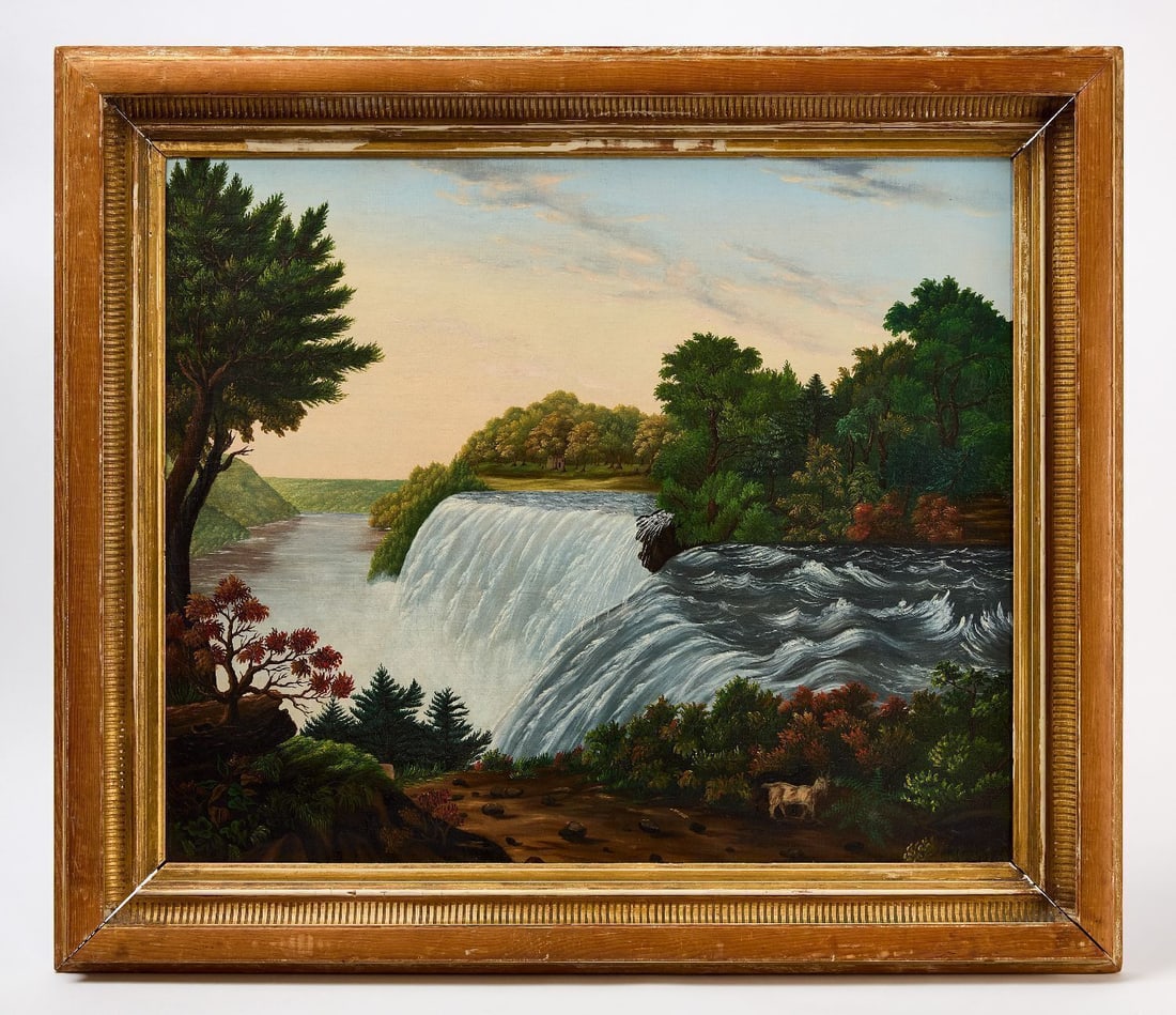 American School View of Niagara Falls: American School, 19th century, View of Niagara Falls. Oil canvas with wood carved and gilt decorated frame. Features a wooded clearing in the foreground with framing arched tree at left, two falls at 