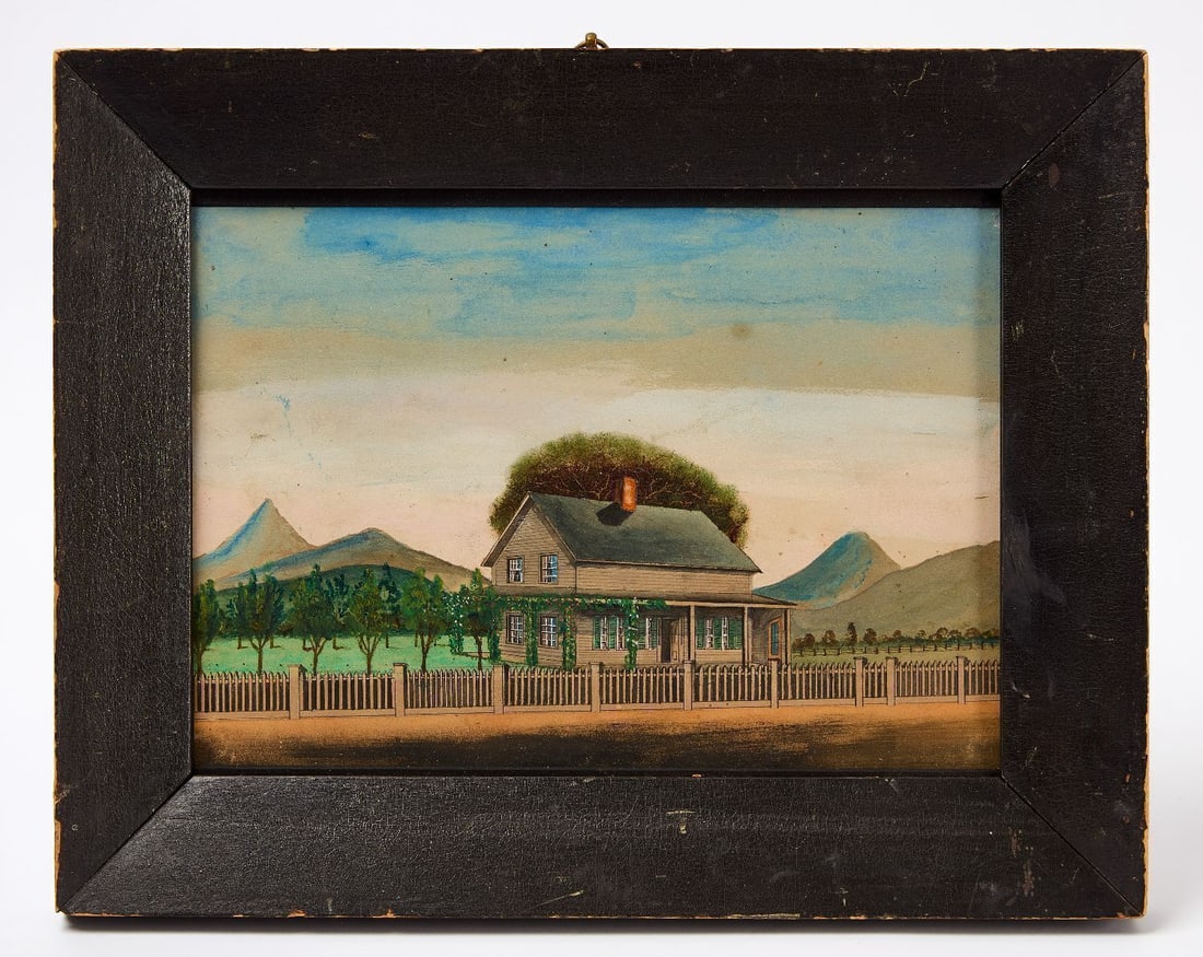 Folk California Vineyard Watercolor: Folk landscape depicting a California Vineyard homestead. Watercolor on paper, possibly original frame. American, 19th century. Frame: H 12 in. W 15-1/4 in. Sight: H 8-1/4 in. W 11-1/2 in.
