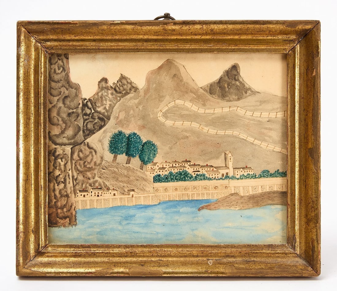 Folk Philadelphia Waterworks Watercolor: Folk Watercolor depicting the Philadelphia Waterworks. Watercolor on paper, unsigned. Two gallery labels on verso: Isabel Carleton Wilde, Collection of Early American Folk Art; American Folk Art Galle