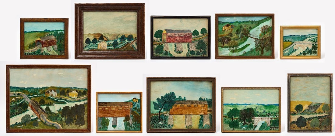 Collection of Ten Folk Art Rural Scenes: Collection of Ten Rural Pennsylvania Scenes. All signed 'TUCKER' in ink. Watercolor, enamle and ink on paperboard. Includes a total of ten works, all in various sizes. American, early 20th cen