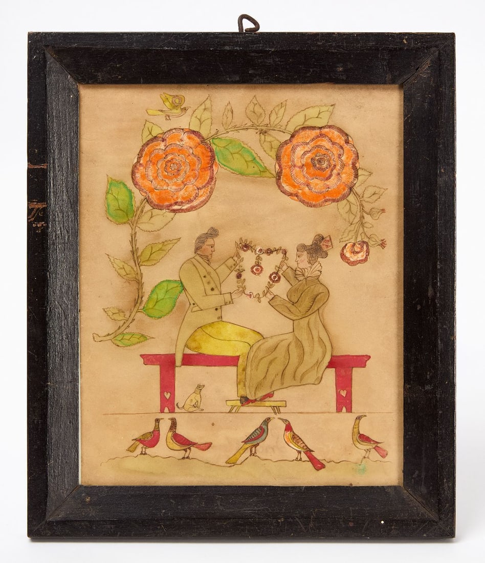 Folk Courtship Watercolor: Folk Courtship Watercolor in a Fraktur style. Watercolor on paper. Composition centers a courstship scene with a man and woman in period dress, sitting together atop a bench holding a heart-shaped wre