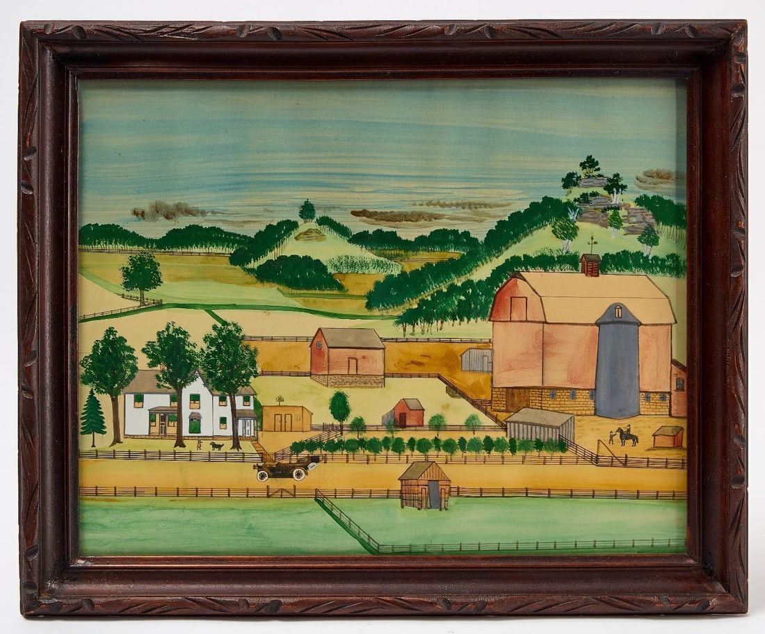 Paul Seifert - Nelson Bennet Farm: Paul Seifert (1840-1921) The Nelson Bennet farm. Paul Seifert's last home. Depicting an aerial view of the main house, barn, outbuildings, fenced pastures and orchard, with a dog, rider on horseba