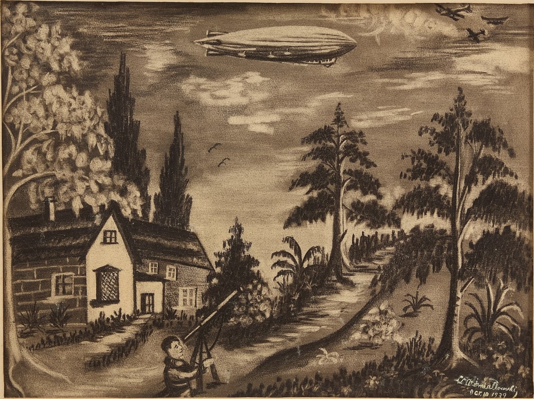 Ludwik Adam Smialkowski - Airship, 1939: Ludwik Adam Smialkowski (1894–1975), Scene of a man viewing a blimp or airship through a telescope. Charcoal on paper. Signed LR and dated Oct 10, 1939. Frame: H 22-5/8 in. W 28-5/8 in. Sight: H