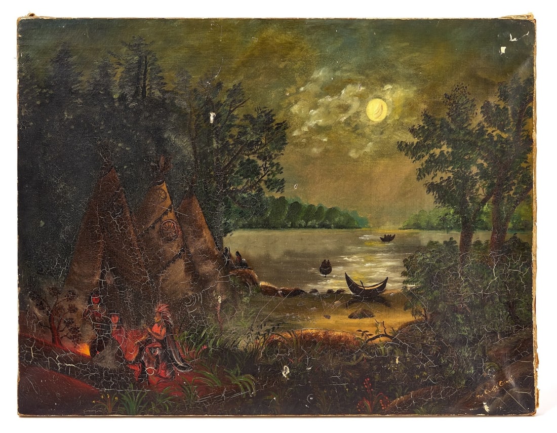 A Chief's Grave: Nighttime scene of Native Americans around a teepee, with others shown in the distance on the water in canoes. Oil on canvas. Titled 'A Chief's Grave' LR. American, circa 1860. H