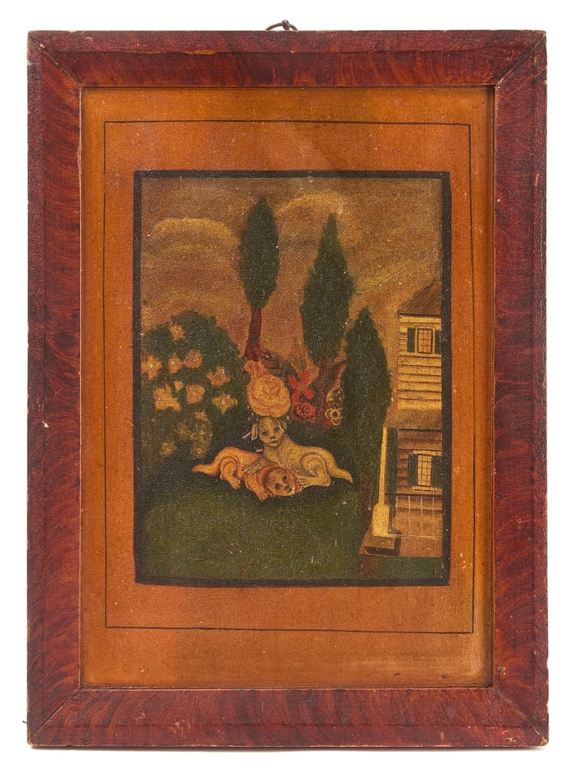 Folk Art Painting - Dogs in a Landscape: Fold art painting of dogs in a landscape. Oil on wood panel. Original paint-decorated frame. American, mid 19th century. H 18 in. W 13 in.