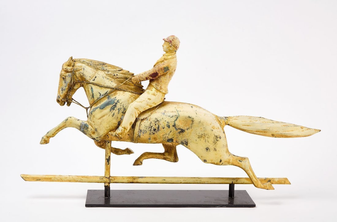 Small Size Cushing and White Horse and Jockey Weathervane: Rare small size Cushing and White horse and jockey weathervane. Molded copper and cast zinc. Old white paint over gold leaf. Massachusetts, circa 1870. H 15-3/4 in H L 28 in. Stand included as s