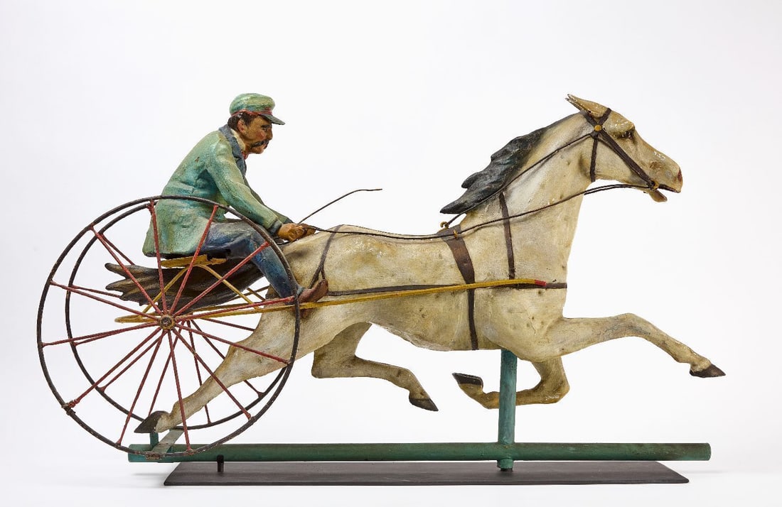 J. W. Fiske 'St. Julian' Horse and Sulky Weathervane: 'St. Julian' horse and sulky weathervane attributed to J. W. Fiske. Copper and zinc construction with a historic painted surface. New York, circa 1885. Custom metal stand included as shown. H 