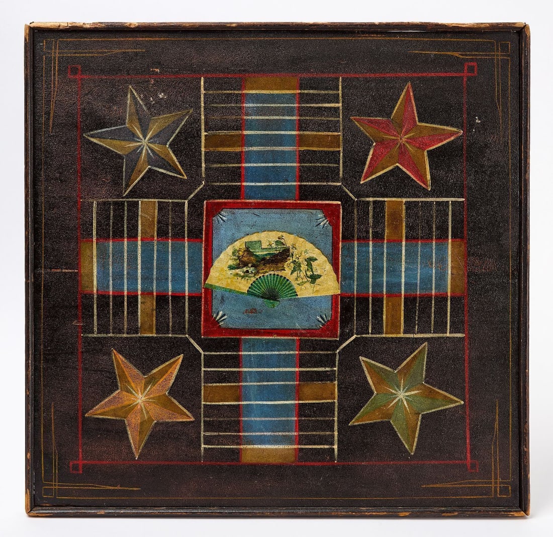 Parcheesi Gameboard: Parcheesi gameboard with checkers on reverse. Five pointed stars in corners with central painting of a ladies fan. Signed by the artist on the fan and dated '. Original paint of framed wood panel.