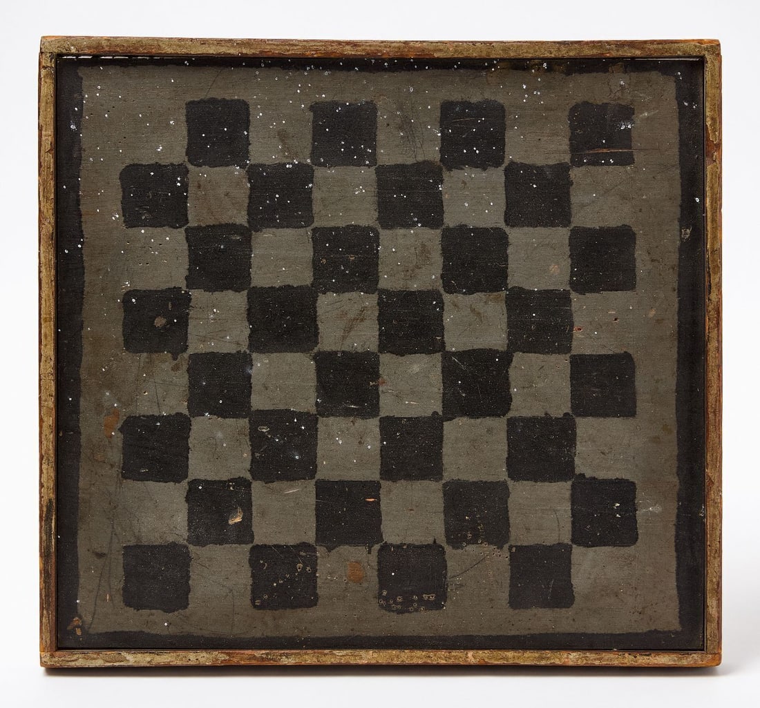 Checkerboard dated 1831: Single-sided checkers game board. Original black and grey on wood panel. Edges with dot decoration, date 1831, and initials 'AT'. American. H 14-3/4 in. W 13-1/2 in.