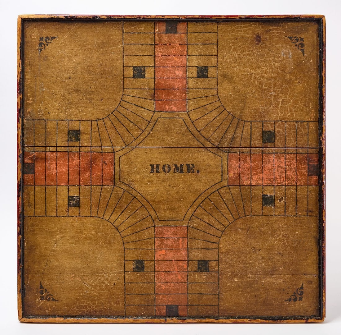 Two-Sided Game Board: Parcheesi gameboard with checker on reverse. Original paint on wood panel. American, circa 1890. H 27-1/2 in. W 27-3/4 in. 