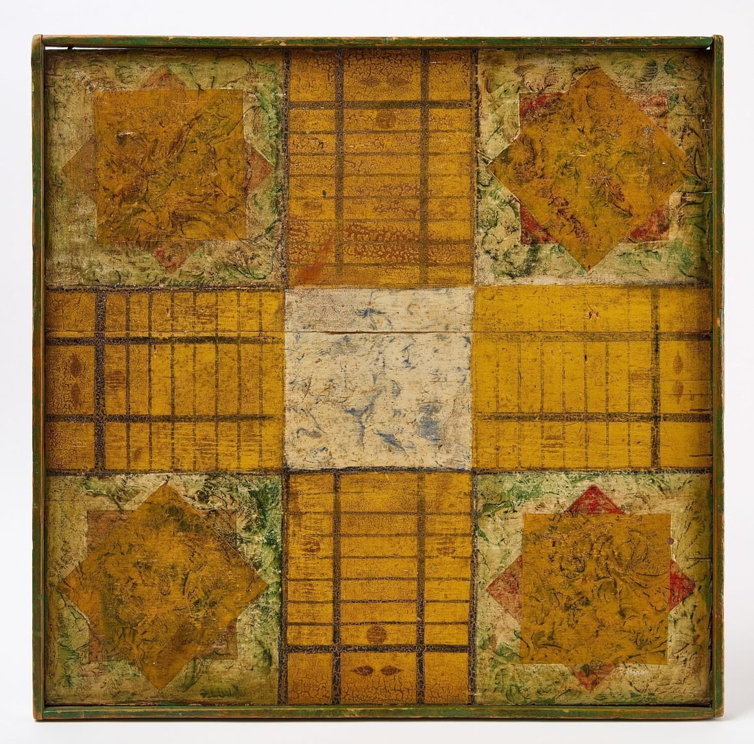 Painted Gameboard: Two-sided painted gameboard. Parcheesi with game on reverse with central. Unusual overall sponge decoration on one side. Original paint on square nailed frame. New England, late 19th century. 24 in x