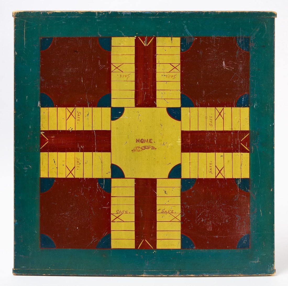 Parcheesi Gameboard: Parcheesi gameboard with blue background. Original paint on bread-board end panel. Ameirican, late 19th century. H 20 in. W 19-3/4 in.