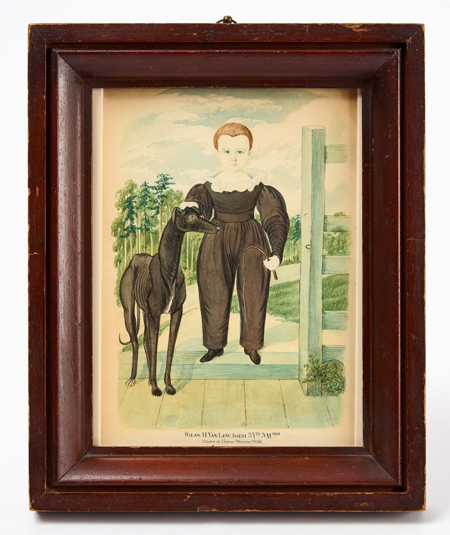 Henry Walton - Portrait of Silas H. Van Lew: Henry Walton (1820-1873) - Portrait of Silas H.Van Lew, aged 3, with his pet dog. Signed lower center and dated 1836. Watercolor on paper in a period frame. New York State. Frame: H 10-7/8 in. W