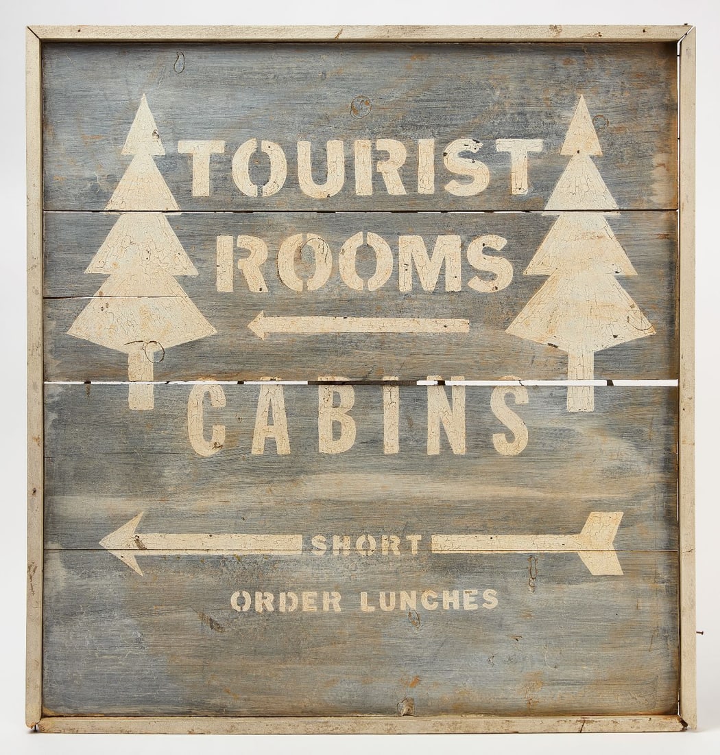 Tourist Rooms and Cabins Sign: 'Tourist Rooms, Cabins, Short Order Lunches' sign with two pointing arrows and evergreen tree graphics. Single-sided wood in 4-part wood frame. Stenciled letters and frame in oyster white