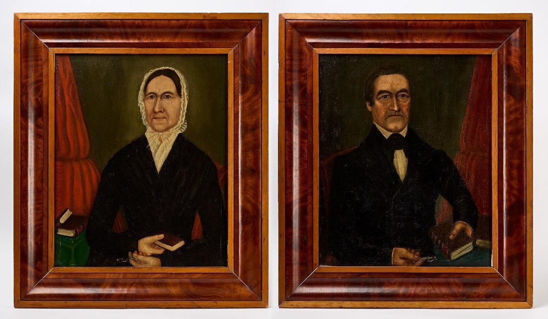 Martin E. Clark- Pair of Folk Connecticut Portraits: Martin E. Clark - Pair of early Ridgefield Connecticut folk portraits. Oil on canvas. Original frames. Dated 1847. Frame: H 38 in. W 33 in. Canvas: H 32-3/4 in. W 27-1/3 in. Provenance: Schwenke