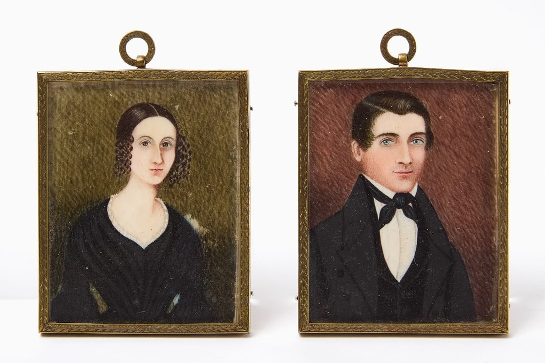 Pair of Miniature Portraits: Pair of miniature portraits. Watercolor on ivory. American, circa 1840. H 3-1/8 in. W 2-1/2 in.