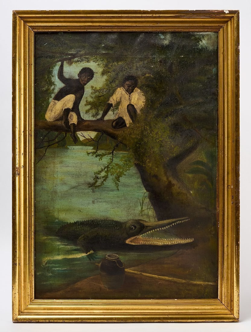 Folk Art Painting with Alligator: Folk art painting with alligator and two Black boys higher up, sitting on a tree branch. Oil on canvas. Period gilt wood frame. Southern US, late 19th century. Frame: H 30 in. W 21-3/4 in. Canvas: H