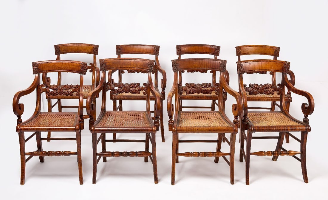 Set of Eight Tiger Maple Carved Armchairs (1 of 9)
