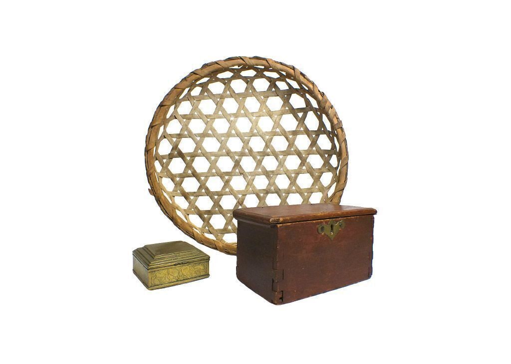 Cheese Basket, Early Box and Brass Box: Good early cheese basket circa 1850, Small 18th century painted box with original brass escuteon and snipe hinges. Together with a Dutch engraved brass box. Estate of Lincoln and Jean Sander. Cheese b