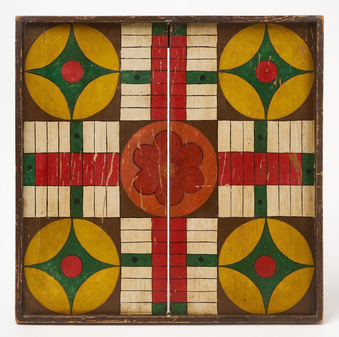 Parcheesi Gameboard: Parcheesi gameboard. Original paint on framed wood panel. New England, circa 1880. 19 in. x 19 in.