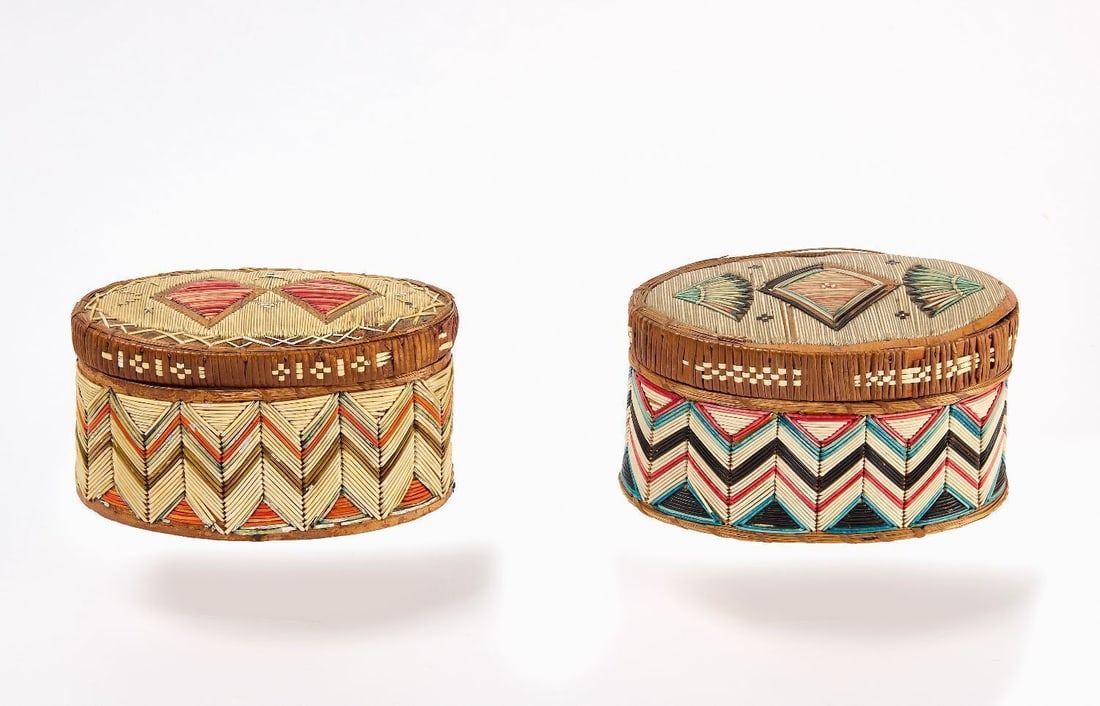 Two Mi'kmaq Oval Quill-Work Baskets: Two Mi'kmaq oval quill-work baskets. Executed on birch bark. Circa 1900. Each approx: H 3-1/2 in L 6 in. W 3-1/2 in.