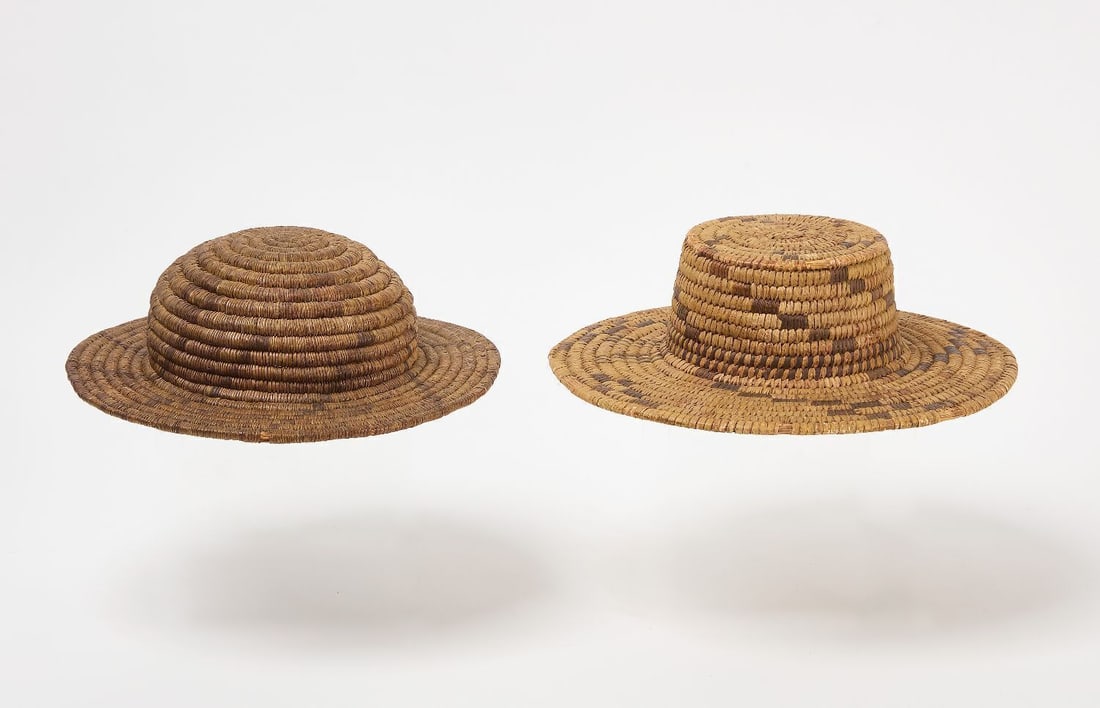 Two Native American Basket Hats: Two Native American coiled basket hats. Southwest United States. Circa 1900. D 10-3/4 in amd 11-1/2 in.