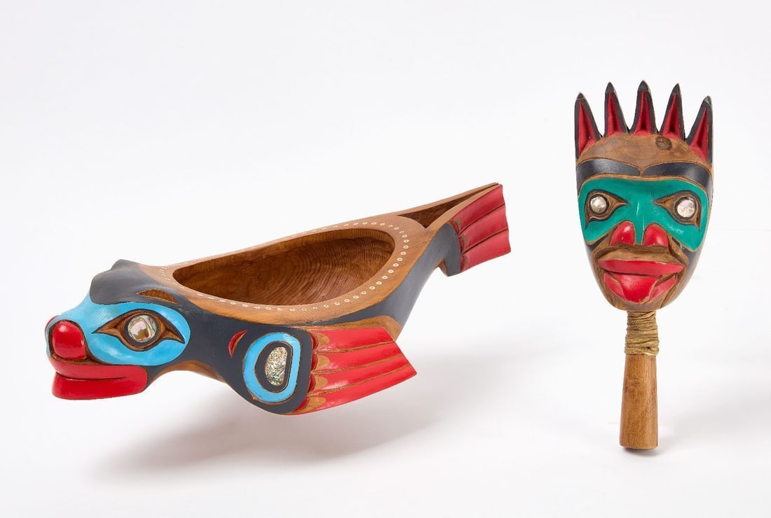 Ivan Otterlifter Bear Rattle and Feast Bowl: Ivan Otterlifter (b. 1936-1999) - Bear rattle. Together with a feast bowl. Carved wood with original paint and mother-of-pearl eyes. Both pieces signed. Northwest Coast, 20th century. Rattle: L