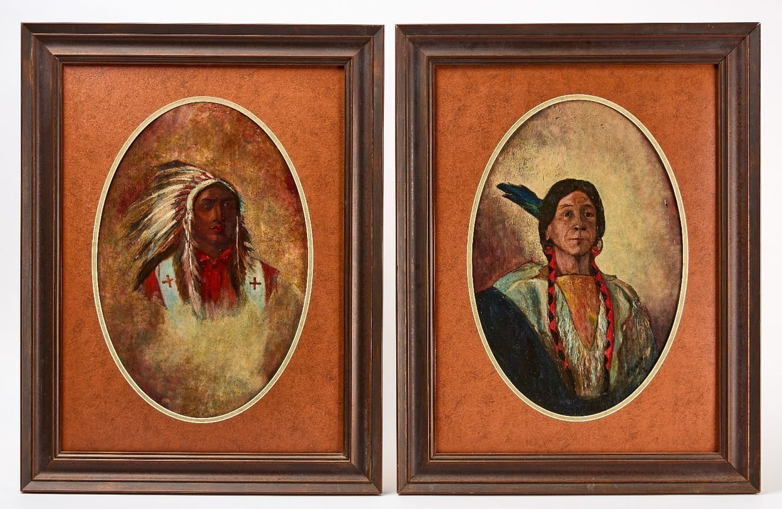 Two Native American Portraits on Board: Two Native American Portraits oil on board. One portrait of Indian chief Red Eagle, indistincly signed "E.N.", together with a portrait a Native American man in traditional attire, signed